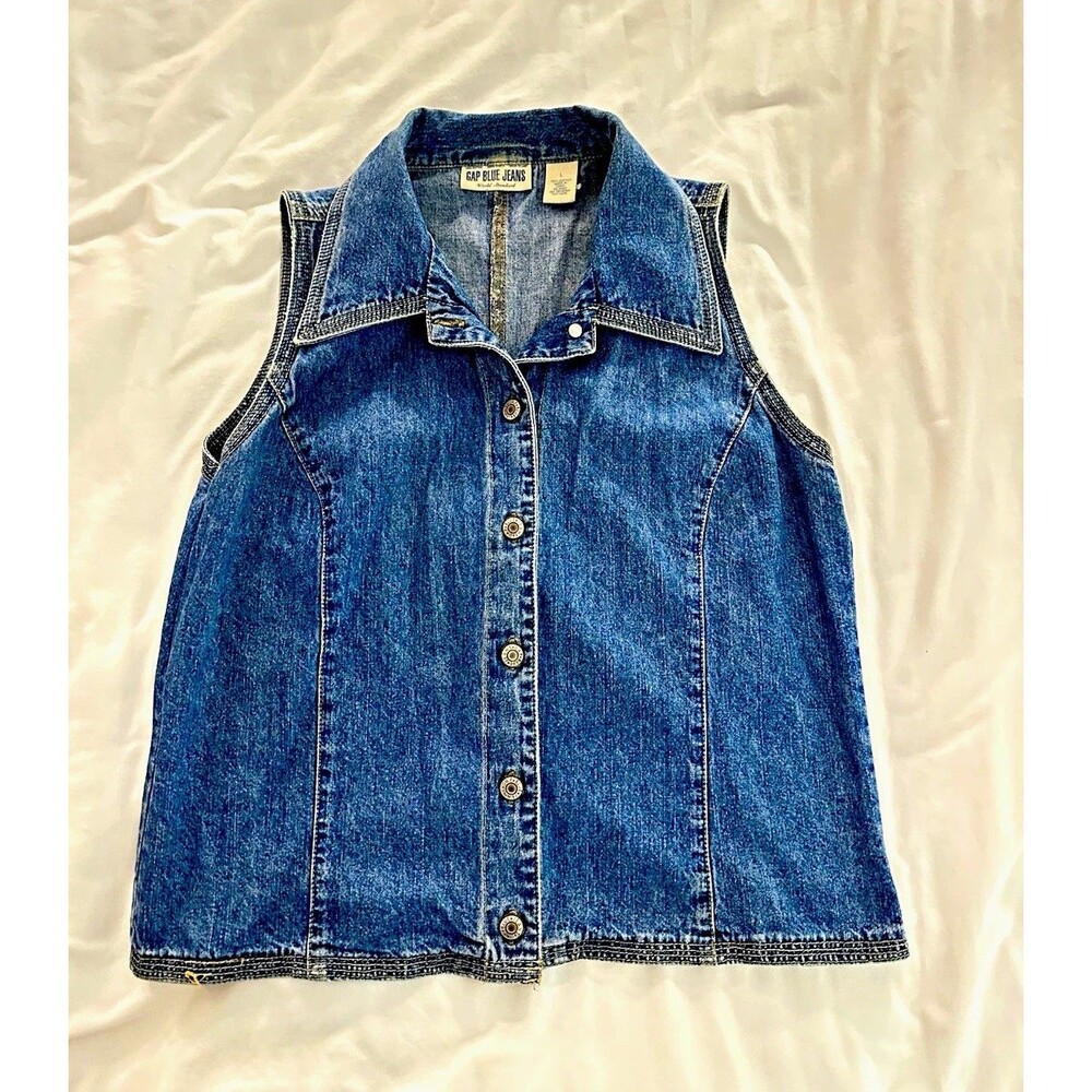 GAP Blue Jeans Women XS Girls L Blue Denim Vest Button Front Collared Sleeveless
